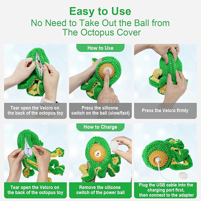 Qraxond Interactive Dog Toys Octopus,Durable Automatic Jumping Dog Toy to Keep Them Busy,Squeaky Moving Tug of War Doggie Toy,USB Rechargeable,Not for Aggressive Chewers (Green)
