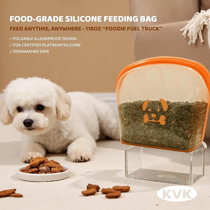 Extra Extra Large Silicone Dog Food Mat 39.4×43.3in and 128oz Silicone Bag Set, Super Size Waterproof Pet Feeding Mat & Container, Non-Slip, Chew-Resistant Floor Protection (Taupe&Orange)