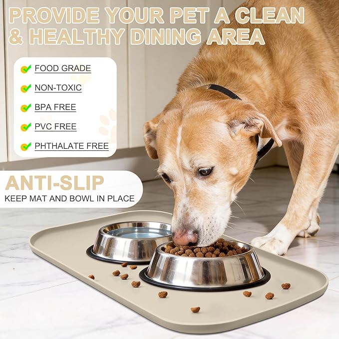 SMILOOL Silicone Pet Feeding Mat with Raised Edge for Food and Water, Dog Bowl Mats, Cat Bowls Placemat with High Lip for Floor Waterproof, Rubber Tray for Cats and Dogs 19 x 12 x 0.7 Beige