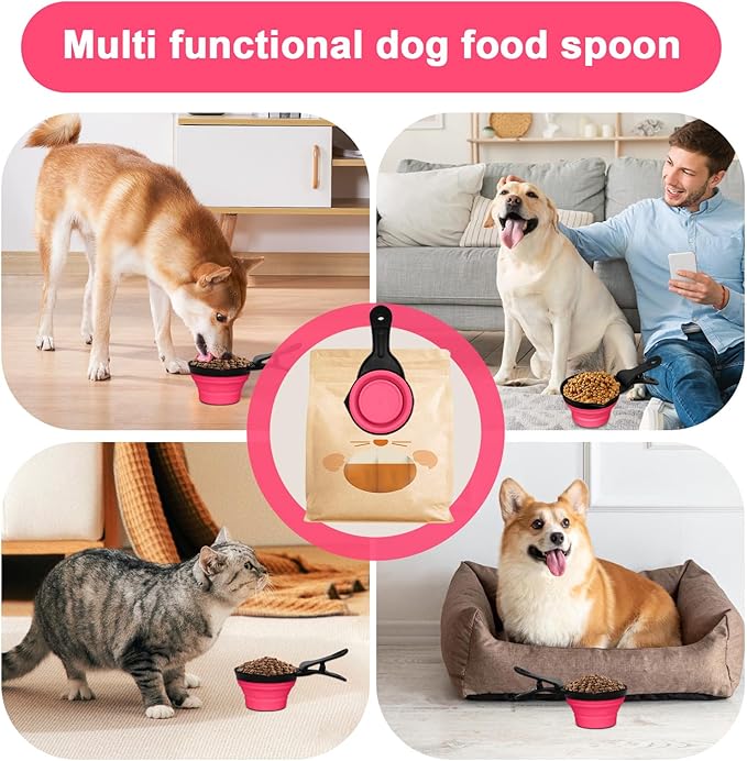 PNEUICALLY Collapsible Dog Food Scoop Foldable Pet Food Bag Clip 3 in 1 Multi-function Silicone Cat Food Measuring Cup Scoop Dog Food Scooper Pet Food Storage Clip (Rose Red, 2 Cup Capacity(1 Pack))
