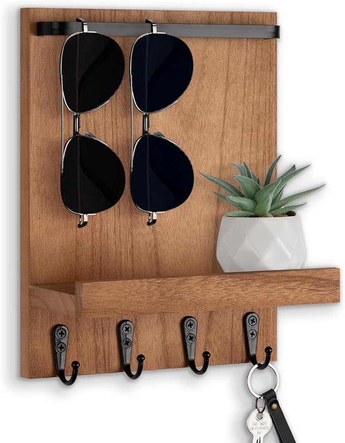 Lucundm Key Holder Wall Mount, Key Holder for Wall with 4 Hooks, Farmhouse Key Hanger Holds Dog Leash, Sunglasses – Decorative Mail Organizer Home Decor (Wood)