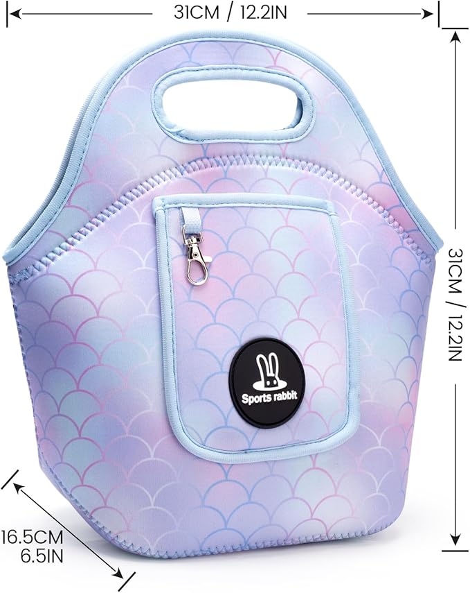 Sports rabbit Neoprene Insulated Lunch Bag for Women - Front Pocket for Phone&Keys - Reusable, Foldable, Lightweight, Waterproof, Easy to Store & Clean - Ideal for Work, Travel & Picnics (mermaid)