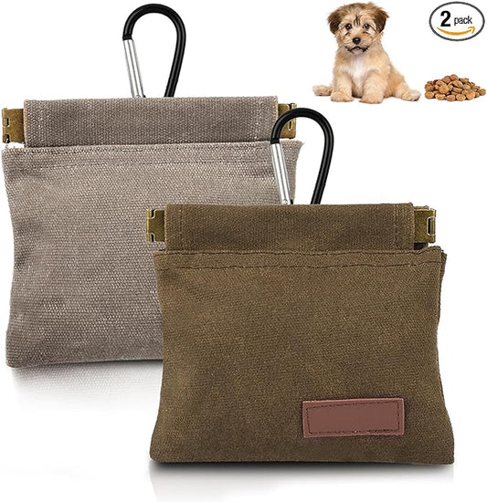 2Pcs Dog Treat Pouches for Pet Training, Hand Free Puppy Dogs Treat Bag with Carabiner, Portable Auto Closing Pet Dog Walking Bag for Travel Outdoor Use, Pets Snack Reward Pocket-Light Brown, Grey