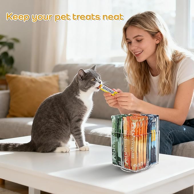 Lickable Cat Treats Organizer, Lazy susan Acrylic Squeeze Up Cat Food Storage Container, Essential storage for pet treats, Wet Cat Treats Storage for Kitchen Cabinet Pantry Shelf Countertop（Square）