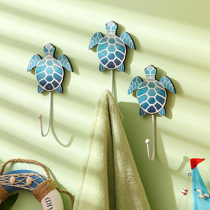 Weysat 4 Pcs Nautical Sea Turtle Wall Hooks Turtle Wall Mounted Key Holder Nautical Bathroom Decor Summer Rustic Decorative Hook for Living Room Bathroom