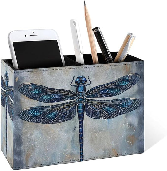 Famame Blue Ethnic Dragonfly Pencil Holder for Desk, Leather Desktop Container Pen Cup Storage Study Table Pen Organizer Makeup Brush Holder for Classroom Office Home