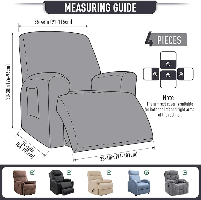 TAOCOCO Oversized Recliner Chair Covers, 1 Seater Streach Recliner Covers Soft Couch Protector Furniture Protector Covers with Elastic Chair Cover Jacquard Pattern (Charcoal Grey)