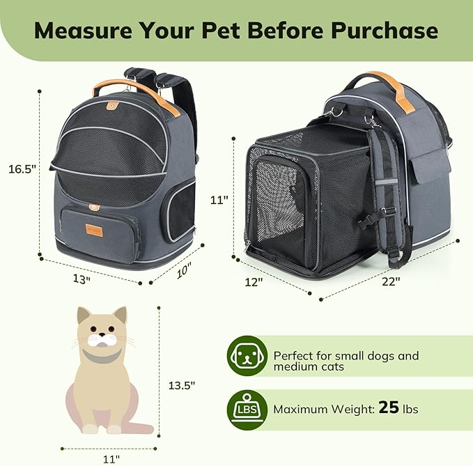 Morpilot Expandable Cat Carrier Backpack for Small Dogs & Cats Up to 25lbs, Breathable Mesh Pet Travel Backpack with Safety Leash, Foldable Airline Approved Carrier for Hiking Camping Outdoor, Grey