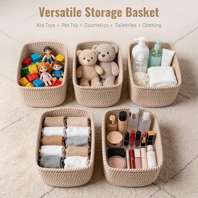 5 Pack Decorative Small Storage Baskets for Shelves, Cotton Rope Woven Basket for Organizing Bathroom, Nursery, Closet, Cabinet, Toys & Socks, Gift Baskets Empty, 11.8"x7.9"x4.7", Khaki