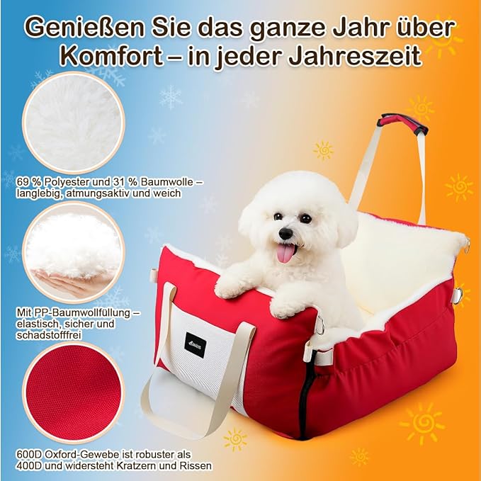 Dog Car Seat for Small Dogs with Extension Zone, Portable Washable Travel Bed for Pets up to 30 lbs, Booster Seat for Front Seat & Camping, Includes Harness Clip – Red