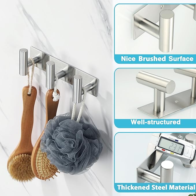 Alise Coat Hooks Hat and Coat Rack with 3 Hooks Wall Mount Key Hooks for Robes, Bags, Keys, and Towels,SUS304 Stainless Steel Wall Hooks for Hanging,Self Adhesive or Drilling Mounted,Brushed