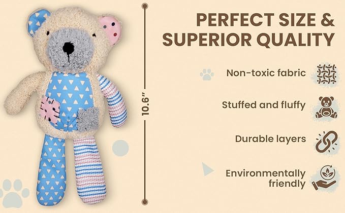 WaggyBros Colorful Patches Set - Bear, Bunny, Elephant, Squeaky Plush Dog Toys, All Bread Sizes, Toys, 3-Pack