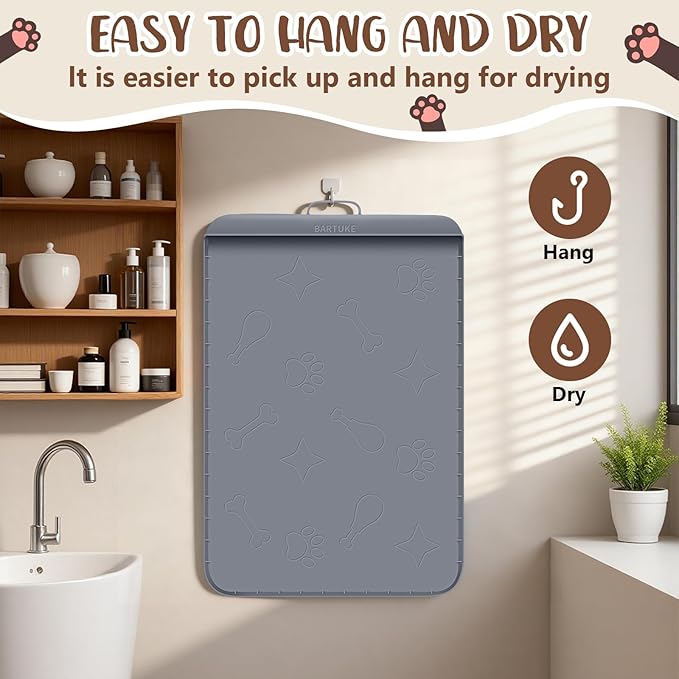 Dog Food Mat with Collection Pocket, 42''x28'' Extra Large Silicone Pet Feeding Mat for Food and Water, Waterproof Anti-Slip Dog Mat with Edge and Handle, Pet Placement for Floor (Dark Grey)