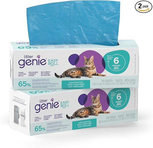 Litter Genie Easy Roll Refill Bags (2-Pack) | 65% Recycled Plastic | Up to 12 months of supply in 2 Rolls of 24 tear-off Bags | Zero Plastic Packaging Cat Litter Bags