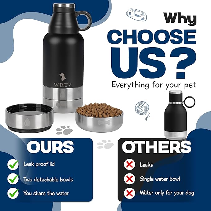 Stainless Steel Insulated Water Bottle with 2 Removable Water Bowls for Dogs – Leak-Proof Eco-Friendly Portable Dog Water Bottle - Travel Accessories for Dogs - 32oz - Black
