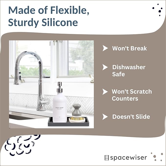 Spacewiser Countertop and Vanity Tray - Small 7.7" Silicone Tray for Soap Dispenser Bottles, Bathroom Trays, Kitchen Sink Soap Trays, Sink Caddy Kitchen Sinks Organizer, Soaps Dish & Sponge Holder Mat
