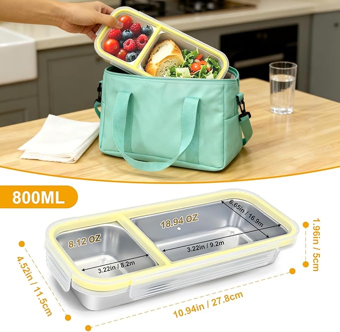Stainless Steel Snack Containers with Lids, 2 Compartment Snackle Box Airtight Leakproof, Reusable Bento Box Food Storage Containers for Lunch Travel Picnics Office