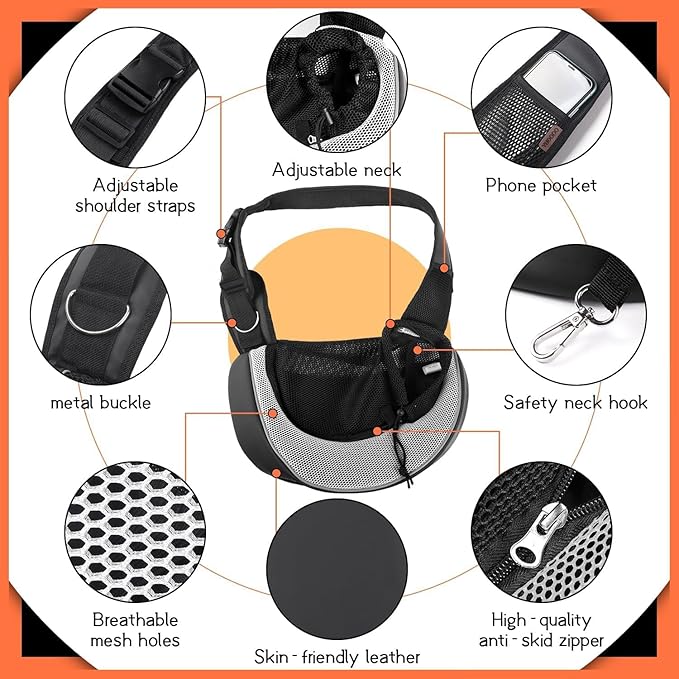 YUDODO Pet Sling Carrier for 2-5 lbs Small Dogs & Cats – Hands-Free Puppy Carrier with Safety Hook, Large Zipper Pocket, Soft Breathable Mesh, Adjustable Strap & Reflective Strip (Gray 3.0 S)