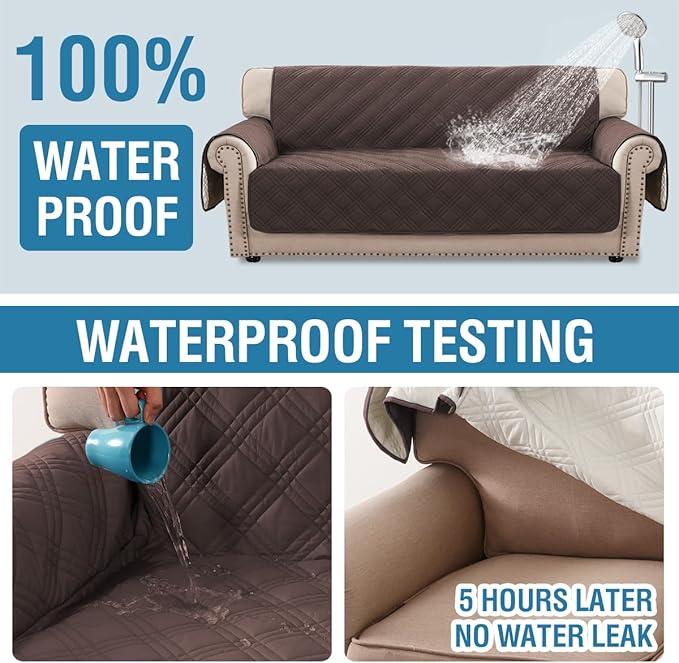 H.VERSAILTEX 100% Waterproof Sofa Covers for 3 Cushion Couch Modern Sofa Cover for Dogs XL Couch Covers for Oversized Sofa with Elastic Straps (Oversized Sofa,Chocolate/Beige)