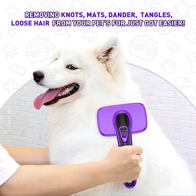 Self Cleaning Slicker Brush for Dog and Cat - Skin Friendly Shedding & Grooming Tool for Long and Short Haired Pets,Easy Clean Retractable Bristles, Purple