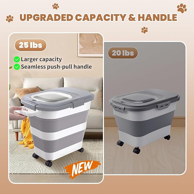 DDMOMMY 23-25 Lbs Airtight Dog Food Storage Container,Collapsible Pet food storage Container,All-in-One Cat Food Container Set with Scoops,Can Covers & Can Opener Spoons,Small Bin and Waste Bags