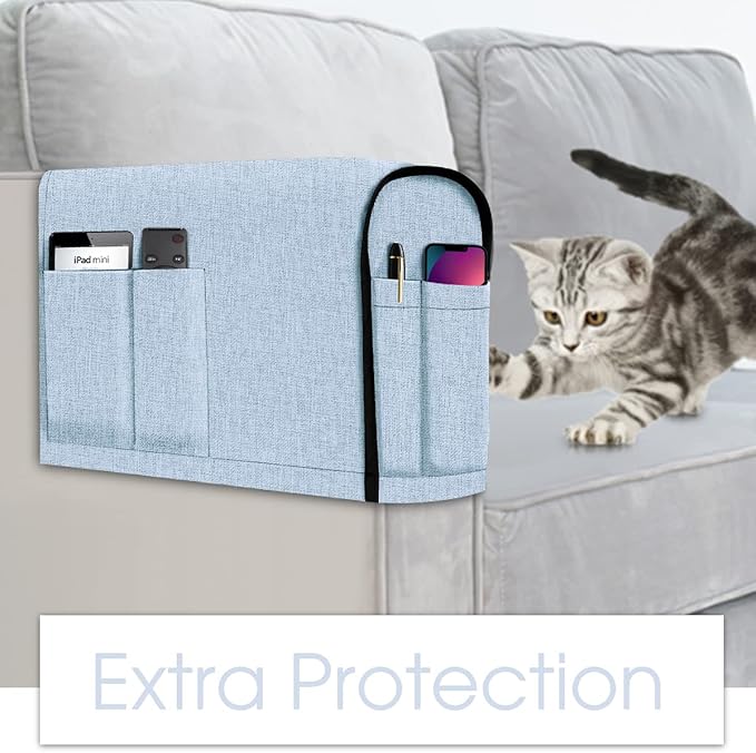 Joywell Linen Armrest Covers for Living Room Anti-Slip Sofa Arm Protector for Dogs, Cats, Pets Armchair Slipcover for Recliner with 4 Pockets for TV Remote Control, Phone, Set of 2, Powder Blue