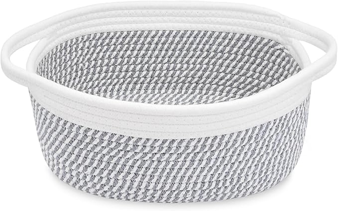 ABenkle Small Basket, 12"x 8" x 5" Cute Small Woven Basket, Rope Room Shelf Storage Basket, Cat Dog Toys Basket Chest Box, Decorative Empty Gift Basket with Handles