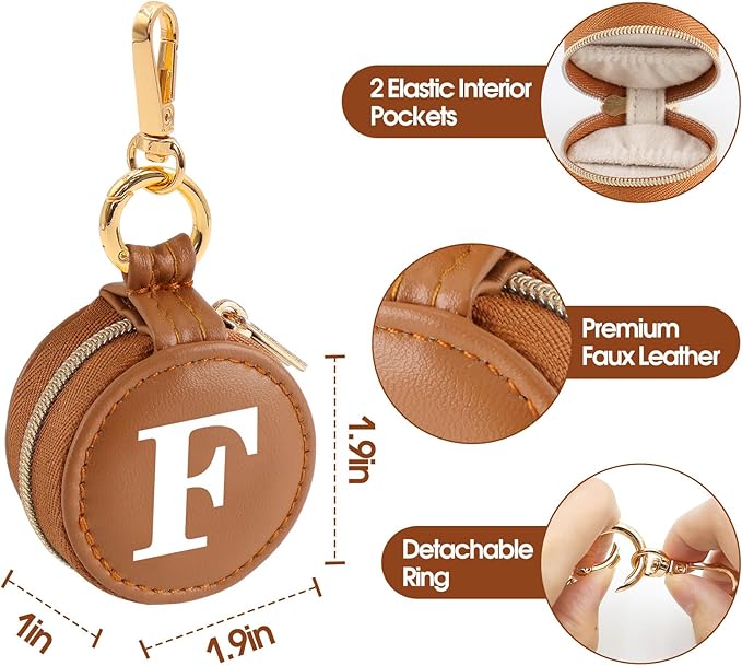 Mini Initial Travel Jewelry Case Ring Holder, Brown Faux Leather Small Jewelry Organizer Box Gifts for Women Girls Nurse Teacher, Gym Travel Accessories Keychain Pouch for Earrings Rings Necklace F