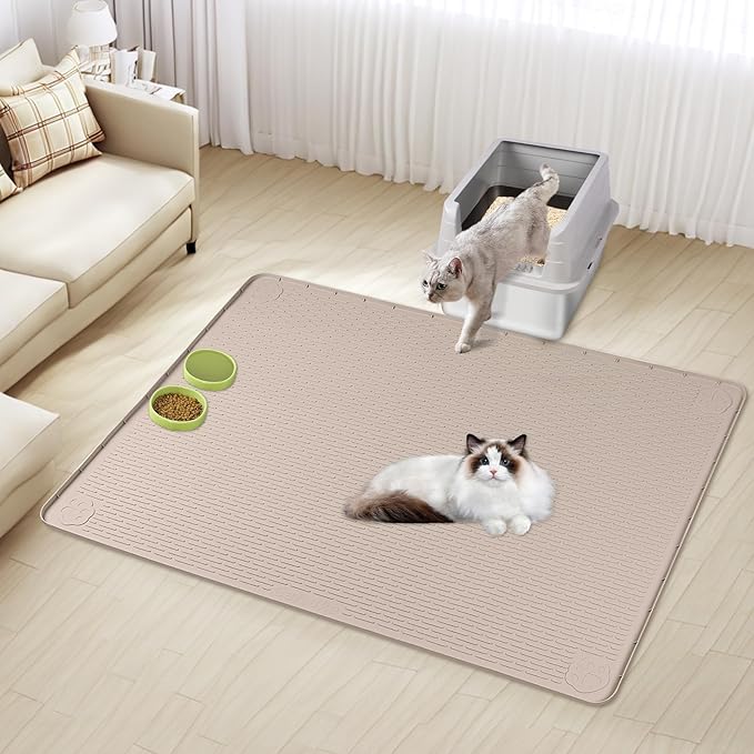 Bartuke Cat Litter Mat, XXL Extra Large 70" x 45" Silicone Mat Litter Trapping Mat for Scatter Control, Soft on Kitty Paws, Easy to Clean (Khaki)