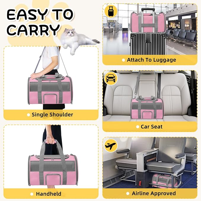 Soft-Sided Cat Carrier for Pets Up to 15lbs, Airline Approved Under-Seat Travel Carrier, 17 Inch TSA Approved with Collapsible Bowl, Breathable Mesh & Removable Pad, Pink-Grey