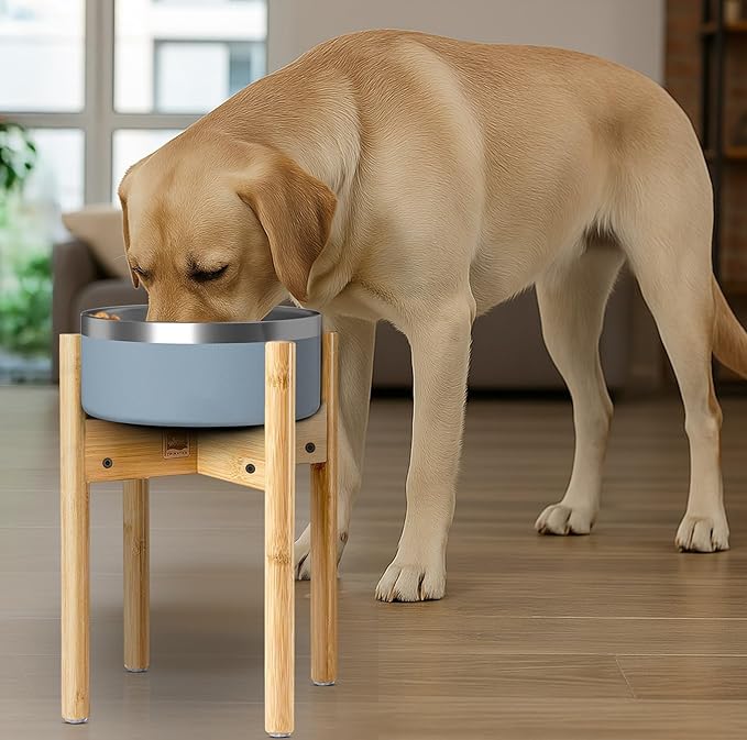 Dog Bowl Stand for Large Breed - 14-inch High, Adjustable Sideways to Fit Various Sizes of Pet Food/Water Bowls, Slow Feeders, and Drink Fountains - Bamboo