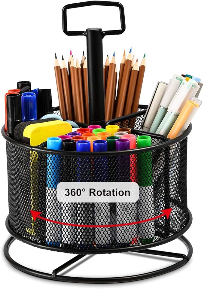 Marbrasse Mesh Desk Organizer, 360-Degree Rotating Multi-Functional Pen Holder, 4 Compartments Desktop Stationary Organizer, Home Office Art Supply Storage Box Caddy (Black)