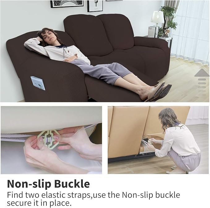 Easy-Going 6 Pieces Recliner Loveseat Stretch Sofa Slipcover Sofa Cover Furniture Protector RV Couch Soft with Elastic Bottom Kids, Spandex Jacquard Fabric Small Checks Chocolate