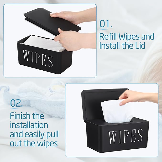 Singhoow 3 Pack Baby Wipes Dispenser Holder Wipe Container for Bathroom with Lid Toilet Tissue Paper Storage Refillable Box for Home Office Cars(Large,Black)