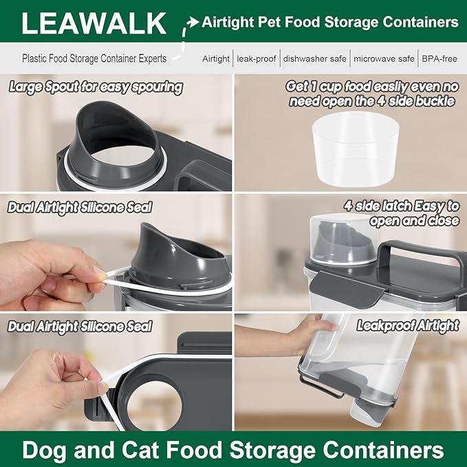 LEAWALK 5-7Lbs Cat Dog Storage Container, Portable Pet Food Containers with Upgraded Large Spout and Cup, Small Animal Kibble Dispenser for Bird Seed, Oatmeal, Rice, Flour (2, Dark Gray, 5L)