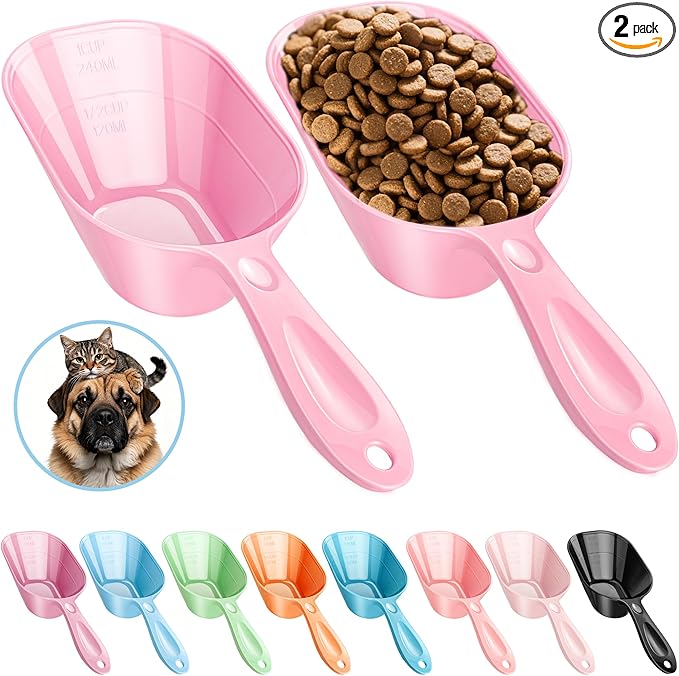 Fenenik Pet Food Scoop 2 Pack, Dog Cup Capacity Cat Food Scooper With Measuring Lines For Dog, Puppy and Cat Coffee Bean, Flour Scoop Pink