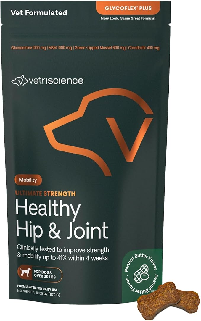 VetriScience Ultimate Strength Healthy Hip & Joint Chews, GlycoFlex Glucosamine, Chondroitin & Green Lipped Mussel Joint Support Supplement for Dogs, Soothe Joint Discomfort, Peanut Butter, 120 Ct