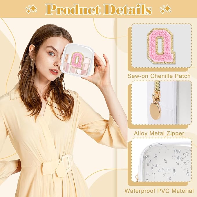 Personalized Initial Letter Clear Preppy Makeup Bag,Mini Nylon Chenille Letter Cosmetic Bag Cute Zipper Pouch Purse for Teen Girls,Portable TSA Approved Beach Travel Essentials Bag Gift for Women,Q