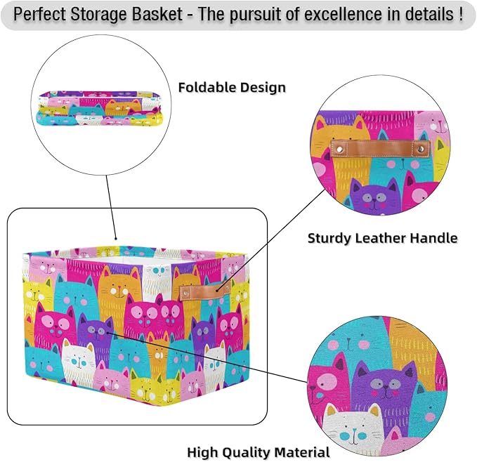 Cute Cats Colorful Storage Bins Cubes Collapsible Fabric Storage Baskets Toy Organizer with Handles for Book Office Shelf Shelves