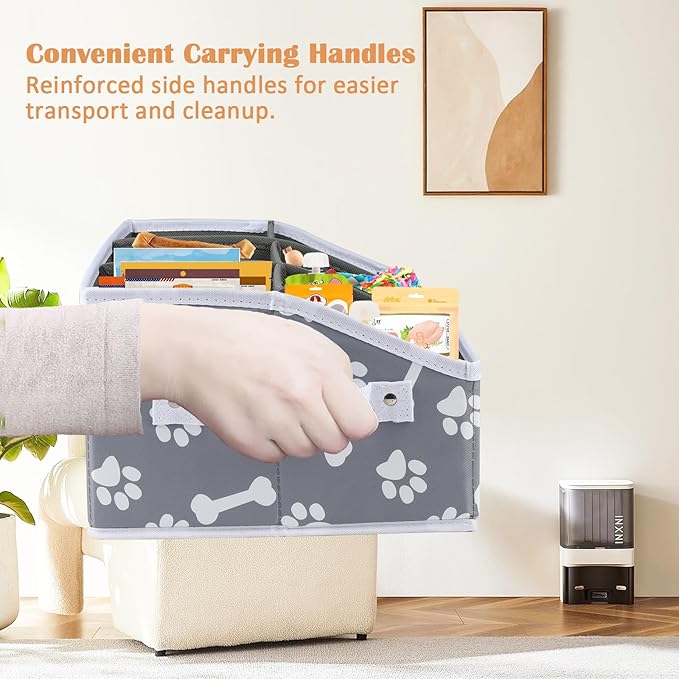 Collapsible Fabric Storage Box for Pet Treats with Dividers - Dog Treat Container Bin - Bone Paw Print