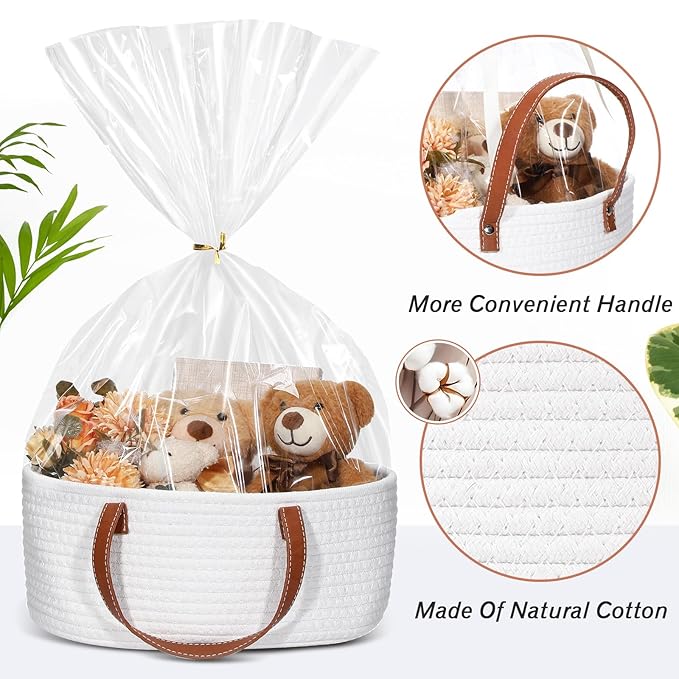 Valentine's Day Empty Woven Gift Basket with PU Leather Handle and Bag 12" x 8" x 5"Cotton Rope Basket Organizer for Pet Toy Storage Baby Shower Birthday Party Wrapping Gift(12*8*5 Inch)