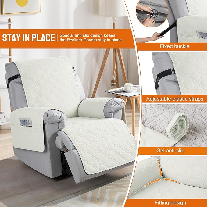 VANSOFY 100% Waterproof Recliner Chair Covers, Recliner Cover Non-Slip Dog Chair Cover Furniture Protector Washable Slipcover with Pocket, Elastic Straps for Pets, Dogs(Off White, 25")