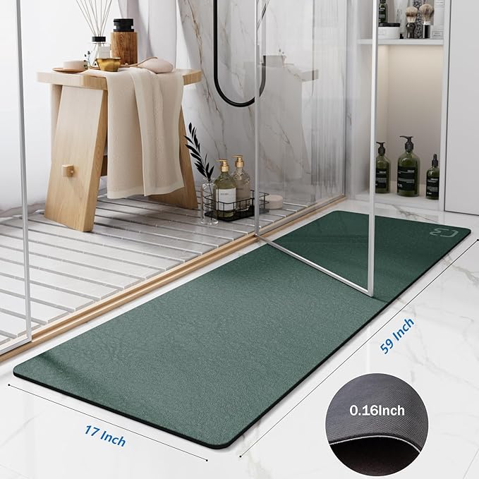 Bathroom Runner Mat Rug Long-Bath Mats for Bathroom Non Slip Absorbent Quick Dry Thin Bath Rugs Bath Floor Mat Rubber Backed Bathmat-Shower Rug Easy Care, 17"x59", Dark Green