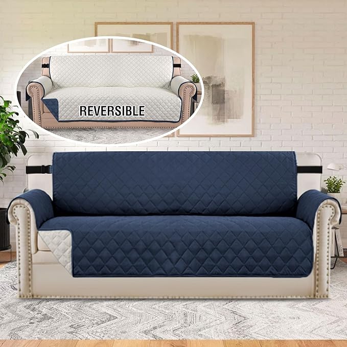H.VERSAILTEX Water Repellent Sofa Cover Couch Cover Sofa Slipcover for Dogs Couch Protector Reversible Sofa Slipcover for 3 Cushion Couch Furniture Protector for Pets(Oversized Sofa, Navy/Beige)