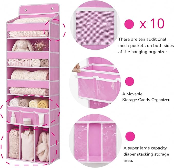 Door Hanging Storage Organizer with 3Bins1 Movable Baby Diaper Caddy,1Large capacity diaper stacking storage Organizer,10Side Pockets,Suitable to Store All Items,Bedroom Nursery Essentials. (Pink)