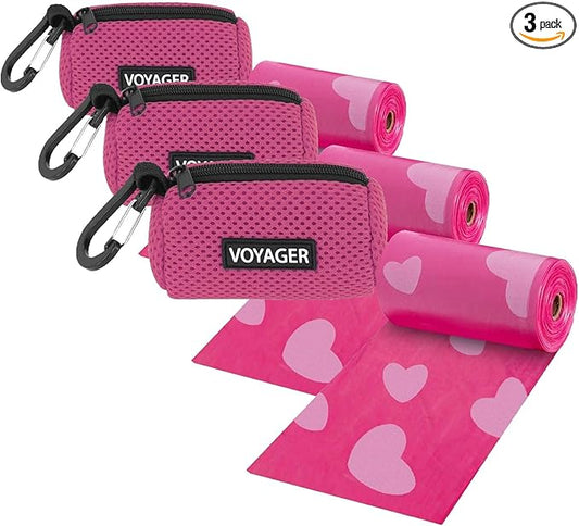 Best Pet Supplies Dog Poop Bag Holder Leash Attachment with 15 Bags, Fuchsia, Reusable Mesh Dispenser Pouch for Travel, Walking, Park, and Outdoor Use, Soft and Durable with Clip-On (Pack of 3)