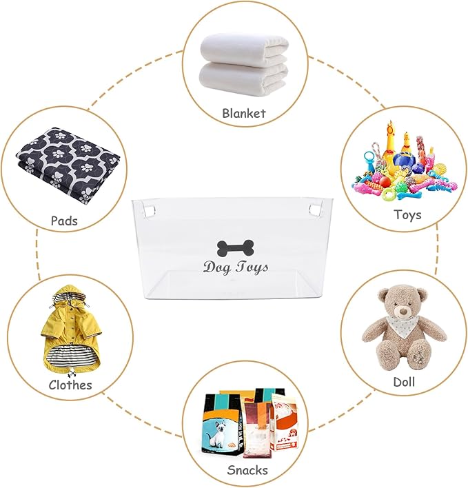 Dog Toy Basket with Handle - Clear Plastic Waterproof Dog Storage Organizer for Toys, Blankets, Leashes, Treats & Grooming Supplies - 1Pack