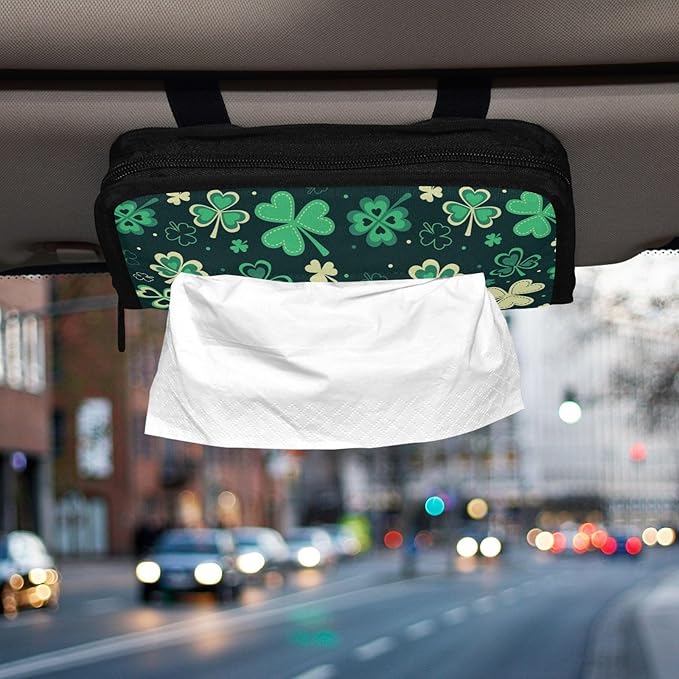 Car Tissue Holder Car Napkin Holder Car Tissue Box Dispenser Storage Case Sun Visor Mask Holder with Adjustable Straps Reusable Refillable Green Clover Leaves