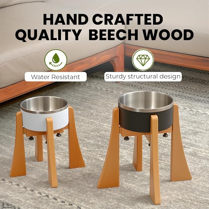 Beech Dog Bowl Stand for Medium Large Dogs,Elevated Dog Bowl Large Breed,Raised Bowl Stand，Adjustable Width for Different Bowls,Feeding Station with Non-Slip Feet (12-inch High)