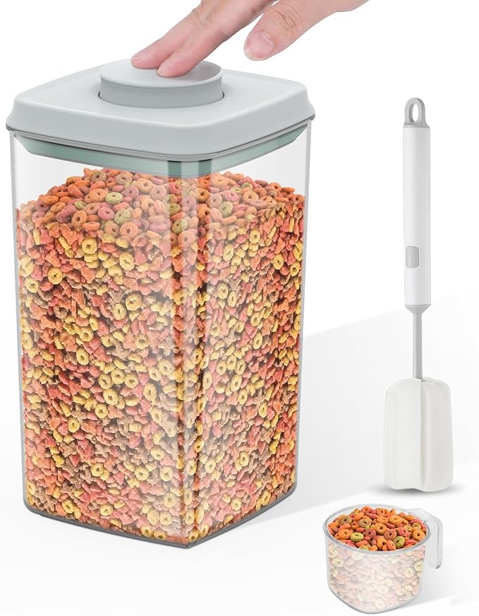 LEAWALK 4.2Qt Airtight Dog Cat Food Storage Container and Dog Treat Containers BPA-Free, PET Clear Stackable Pet Storage Bin, 1 Cup Scoop, 1 Sponge cleaning brush, Pop Top, With handle -1Pack